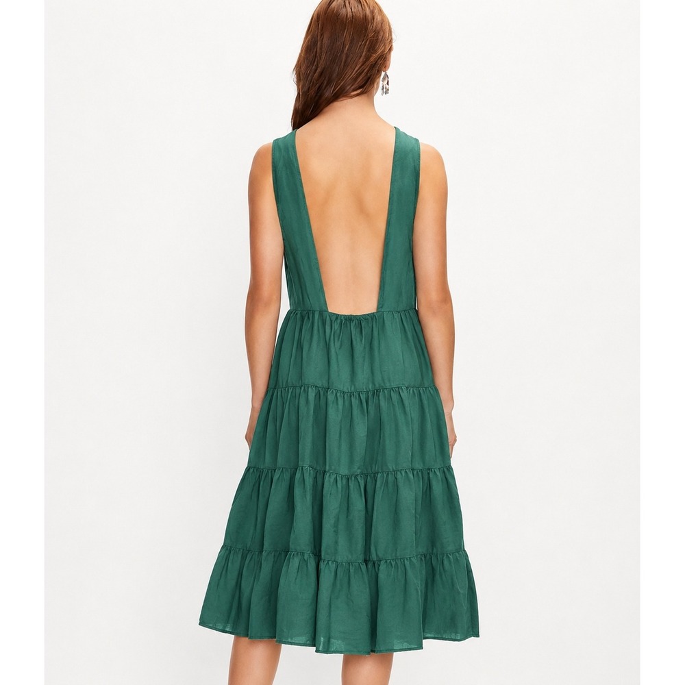 LOFT Beach Dress Open Back Tiered Midi M Green Linen Blend Sleeveless